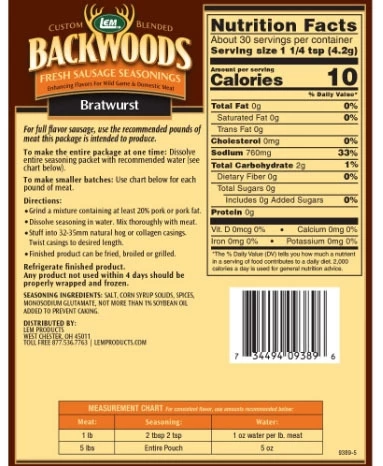 LEM Backwoods Bratwurst Fresh Sausage Seasoning 4.5 oz 4 LEM Backwoods Bratwurst Fresh Sausage Seasoning 4.5 oz - Image 2