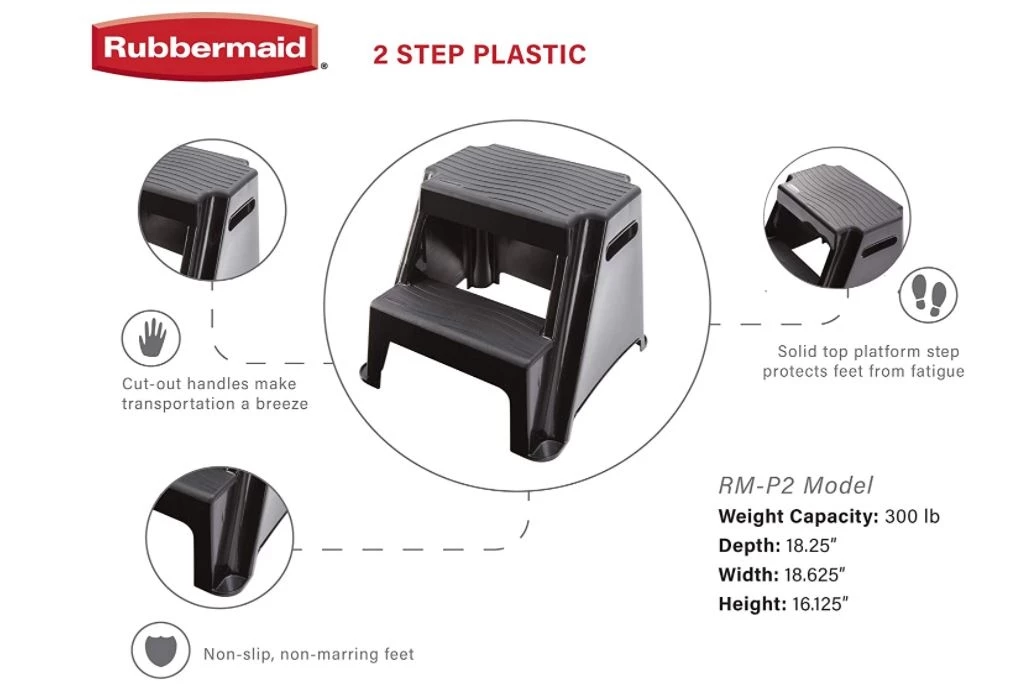 Rubbermaid 2-Step Molded Plastic Stool with Non-Slip Step Treads 4 Rubbermaid 2-Step Molded Plastic Stool with Non-Slip Step Treads - Image 2